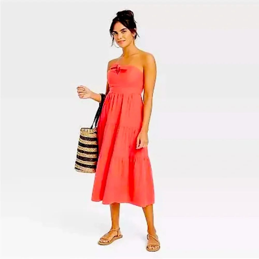 🐠UNIVERSAL THREAD Coral Strapless MIDI Sun Dress | NWT! - Picture 2 of 7